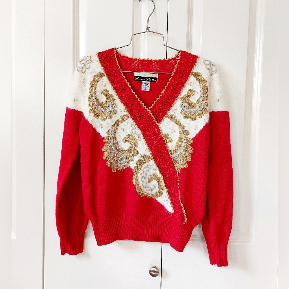 Vintage Red & Gold Paisley V-Neck Beaded‎ Sweater Dana Scott Christmas Medium